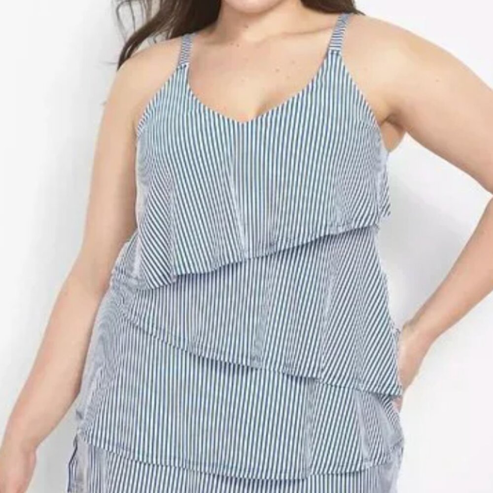 Cacique Swim Tankini Top Womens Plus 22 Green Stripe Tiered Seersucker Layered